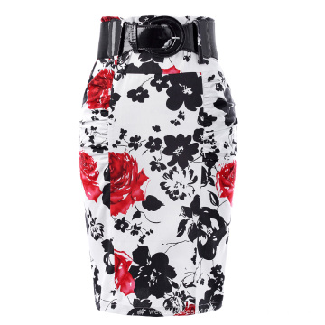 Kate Kasin Mulheres Shirred Detalhe Flor Padrão Cotton Lápis Skirt com cinto largo KK000610-2